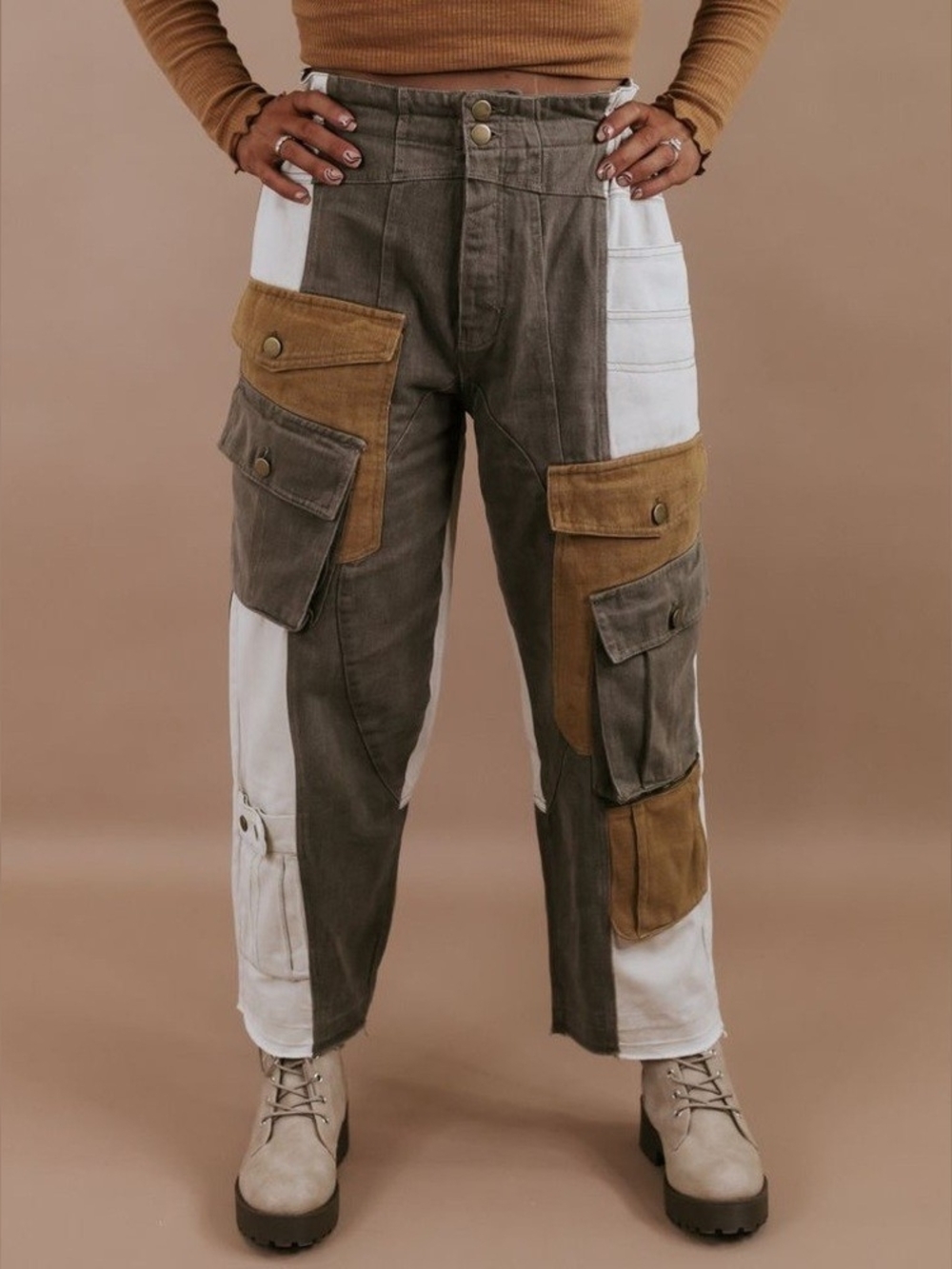 Oli & Hali Colorblock Cargo Flare Pants — Olive, White & Tan